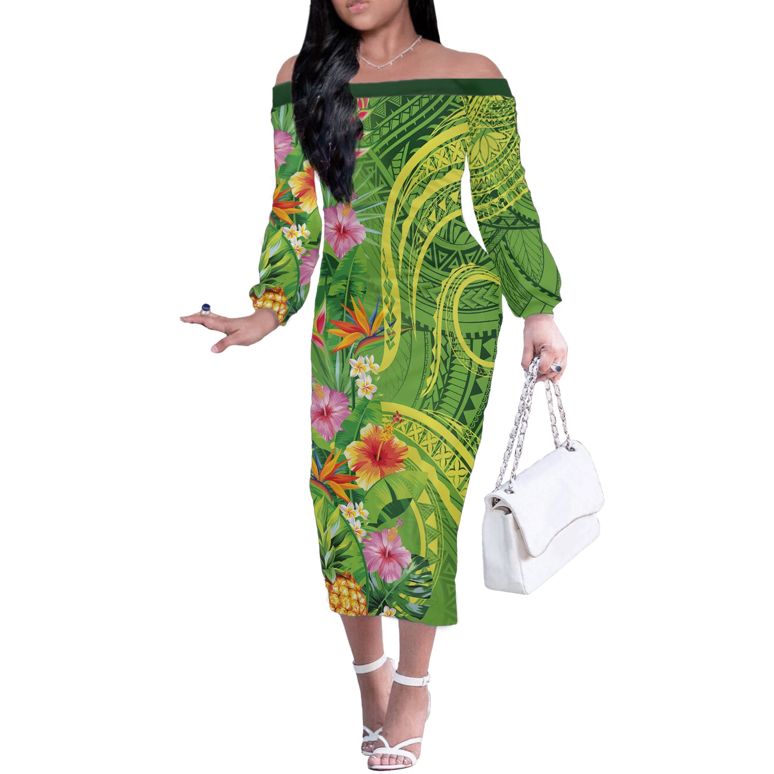 Polynesian Tribal Flower Tattoo Off The Shoulder Long Sleeve Dress Special Lime Green Vibe LT9 Women Lime Green - Polynesian Pride