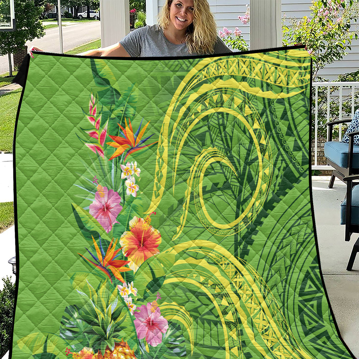 Polynesian Tribal Flower Tattoo Quilt Special Lime Green Vibe LT9 Lime Green - Polynesian Pride