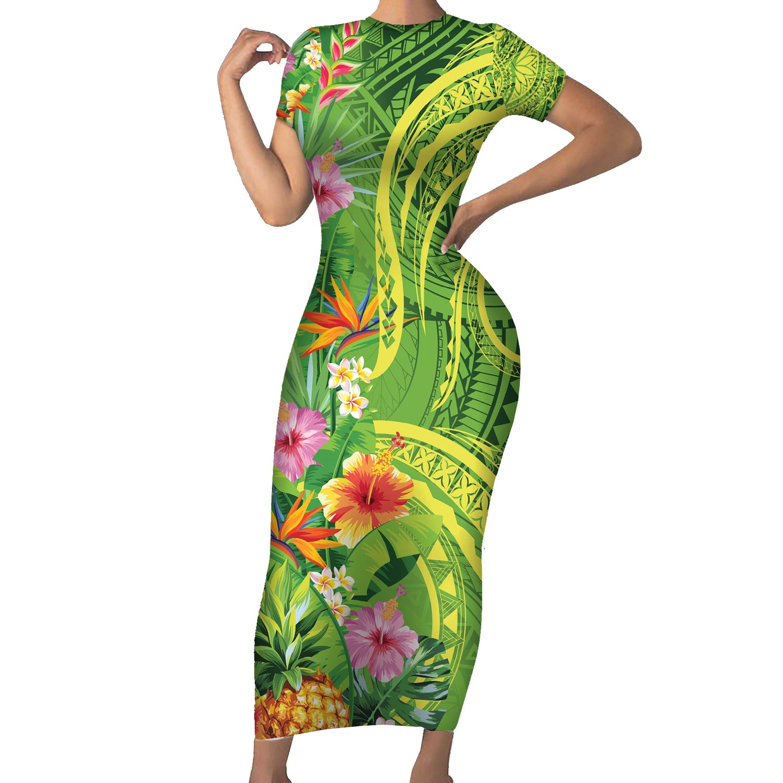 Polynesian Tribal Flower Tattoo Short Sleeve Bodycon Dress Special Lime Green Vibe LT9 Long Dress Lime Green - Polynesian Pride