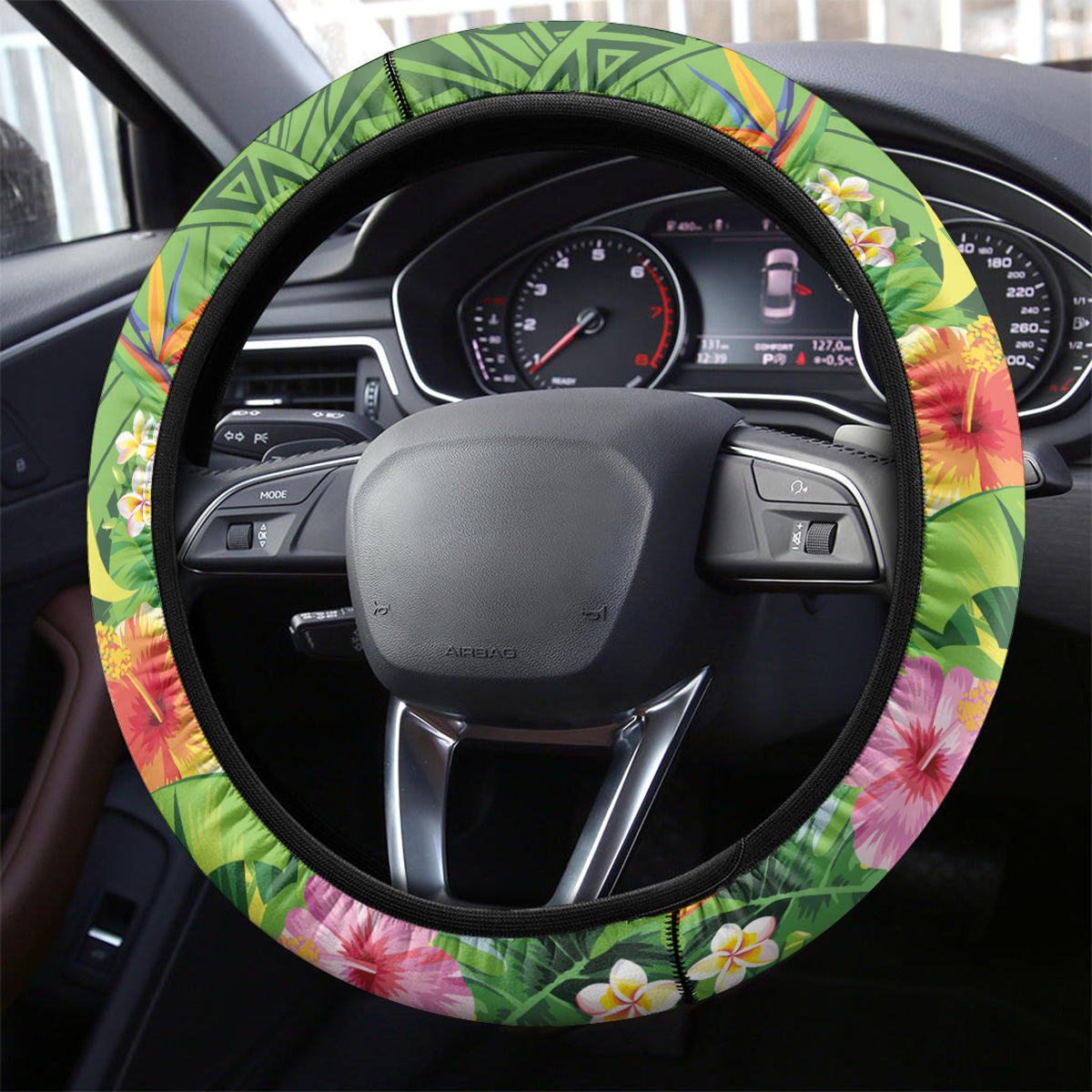 Polynesian Tribal Flower Tattoo Steering Wheel Cover Special Lime Green Vibe LT9 - Polynesian Pride