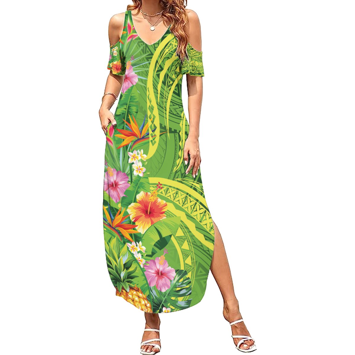 Polynesian Tribal Flower Tattoo Summer Maxi Dress Special Lime Green Vibe LT9 Women Lime Green - Polynesian Pride