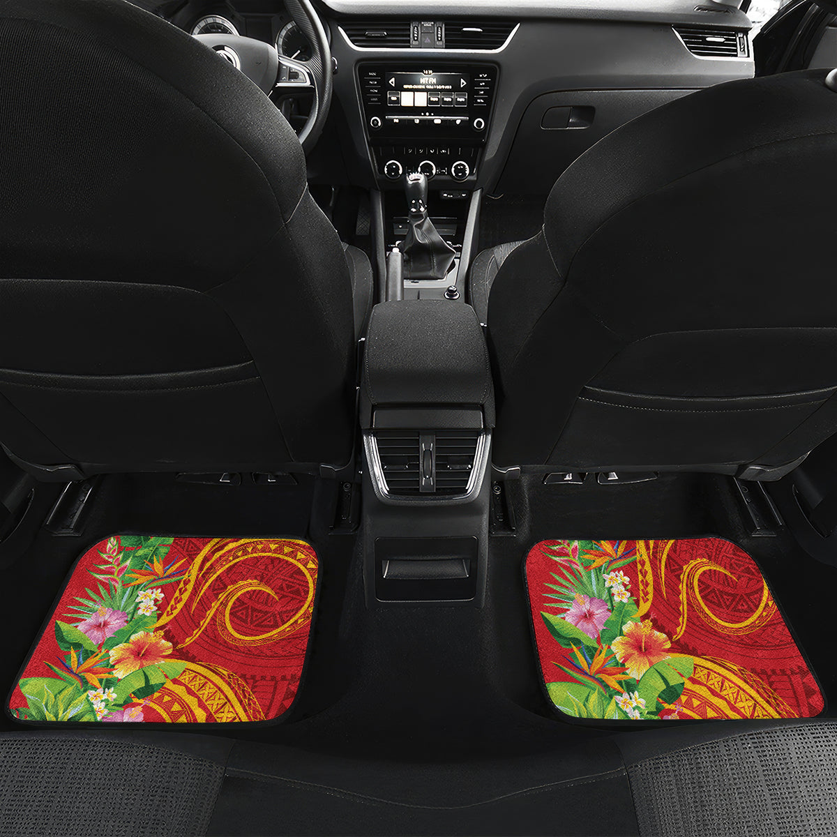 Polynesian Tribal Flower Tattoo Car Mats Special Vermilion Vibe LT9 Set 2pcs - Back Brownish-red - Polynesian Pride