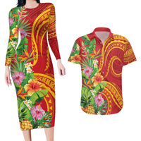 Polynesian Tribal Flower Tattoo Couples Matching Long Sleeve Bodycon Dress and Hawaiian Shirt Special Vermilion Vibe LT9 Brownish-red - Polynesian Pride