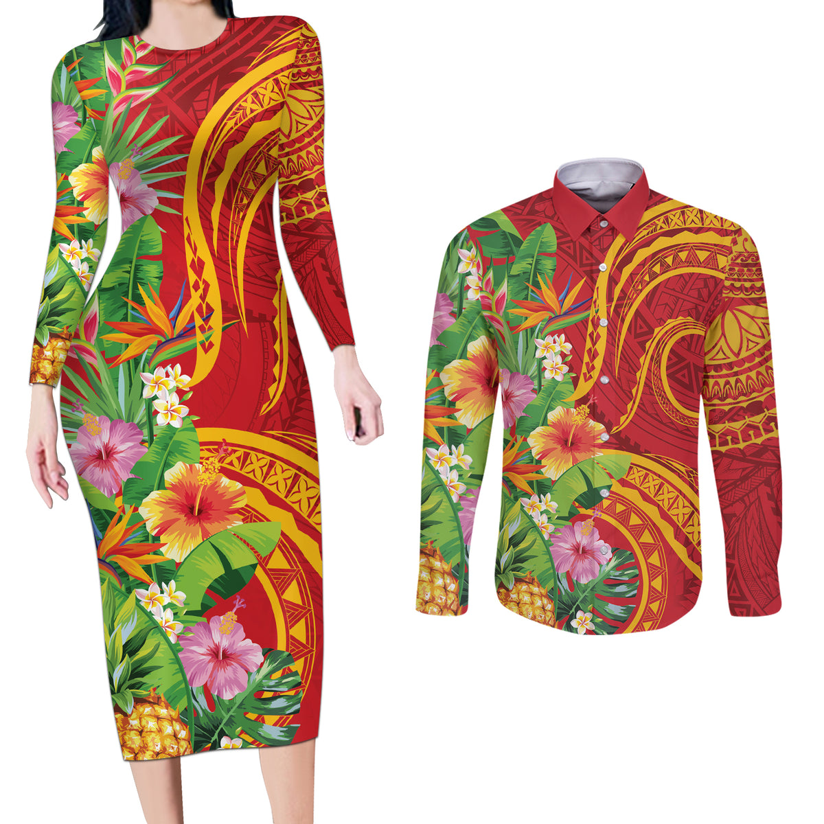 Polynesian Tribal Flower Tattoo Couples Matching Long Sleeve Bodycon Dress and Long Sleeve Button Shirt Special Vermilion Vibe LT9 Brownish-red - Polynesian Pride