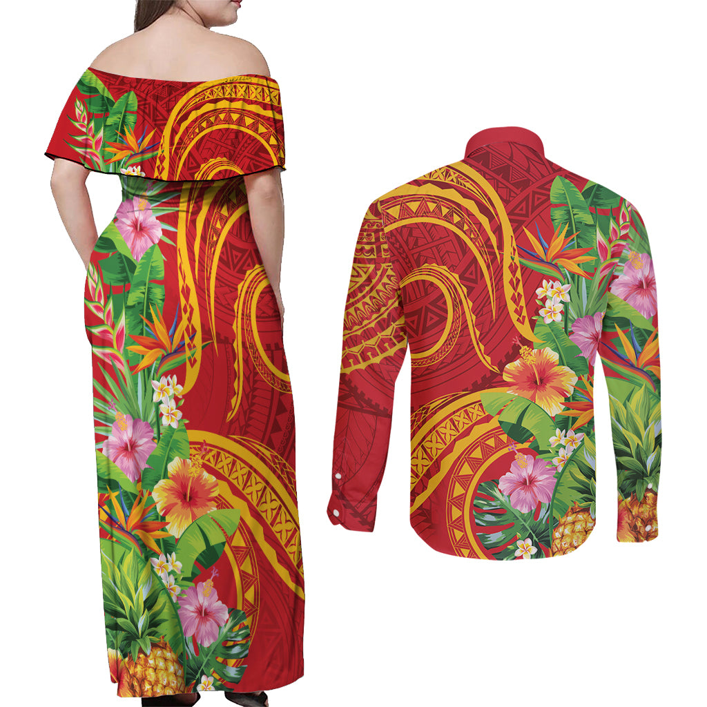 Polynesian Tribal Flower Tattoo Couples Matching Off Shoulder Maxi Dress and Long Sleeve Button Shirt Special Vermilion Vibe