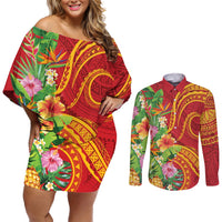 Polynesian Tribal Flower Tattoo Couples Matching Off Shoulder Short Dress and Long Sleeve Button Shirt Special Vermilion Vibe