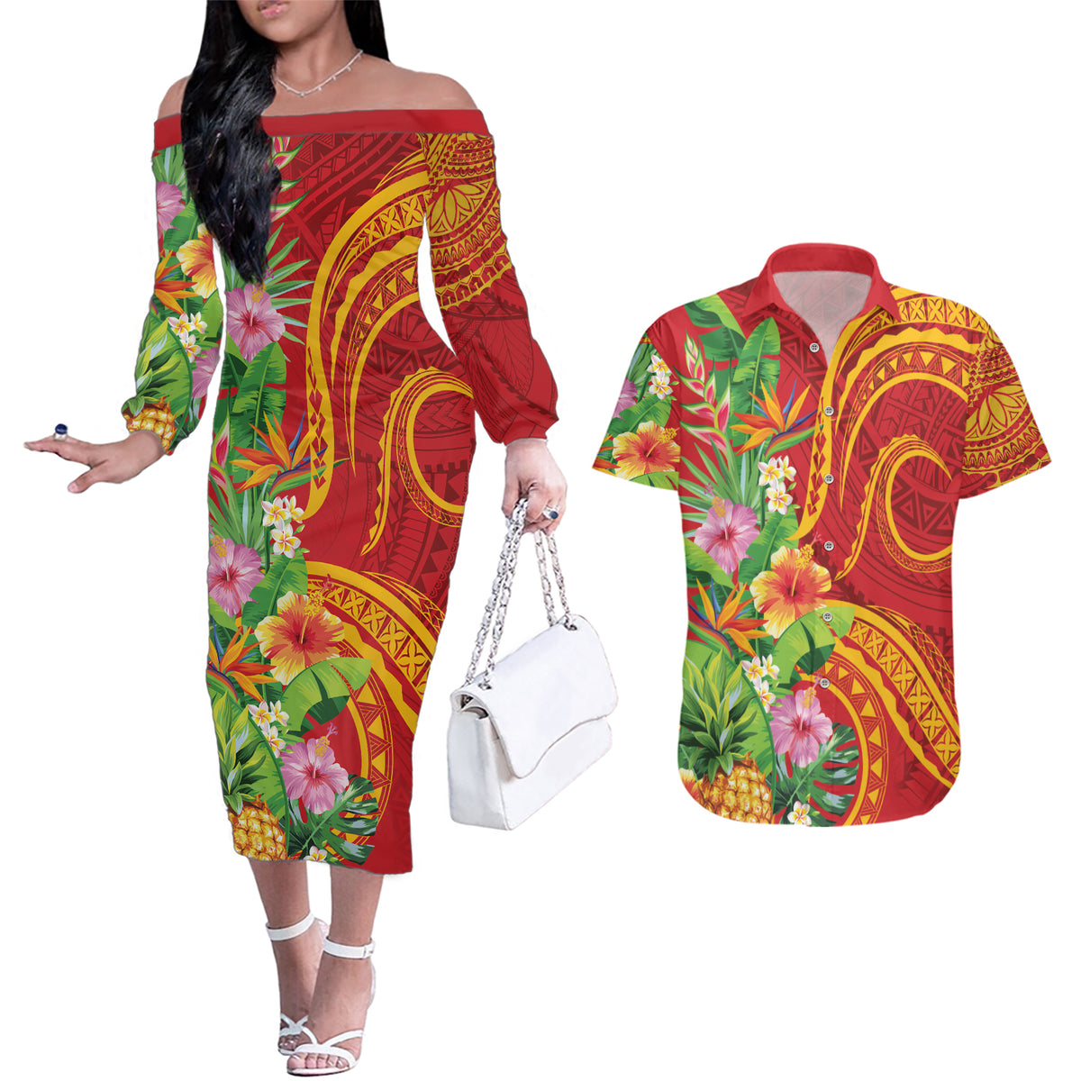 Polynesian Tribal Flower Tattoo Couples Matching Off The Shoulder Long Sleeve Dress and Hawaiian Shirt Special Vermilion Vibe LT9 Brownish-red - Polynesian Pride
