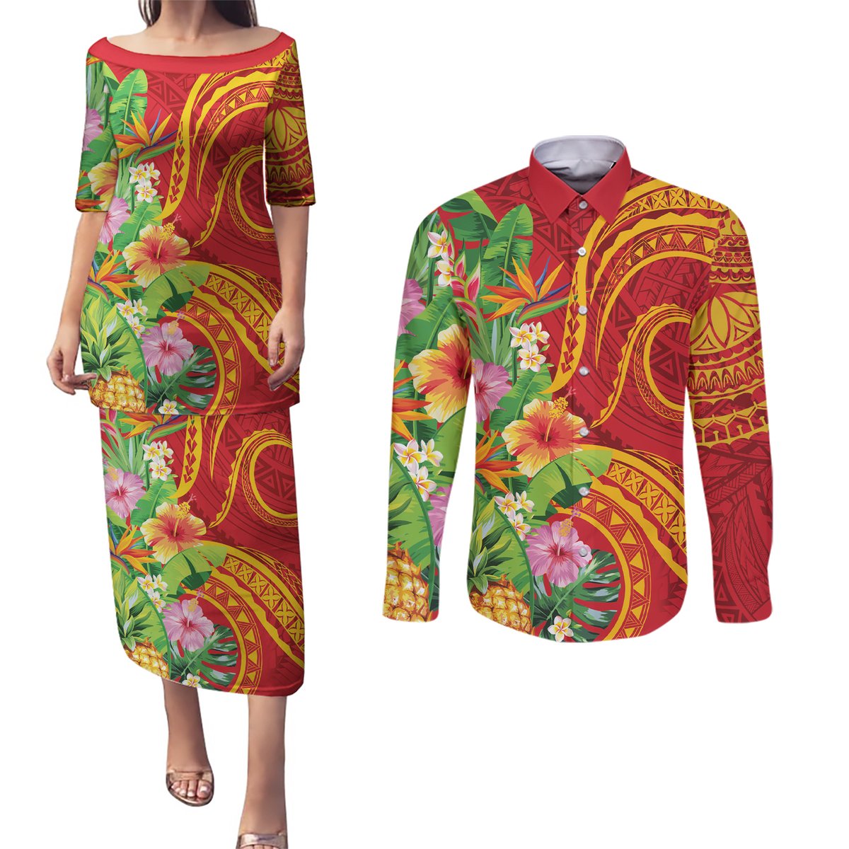 Polynesian Tribal Flower Tattoo Couples Matching Puletasi and Long Sleeve Button Shirt Special Vermilion Vibe
