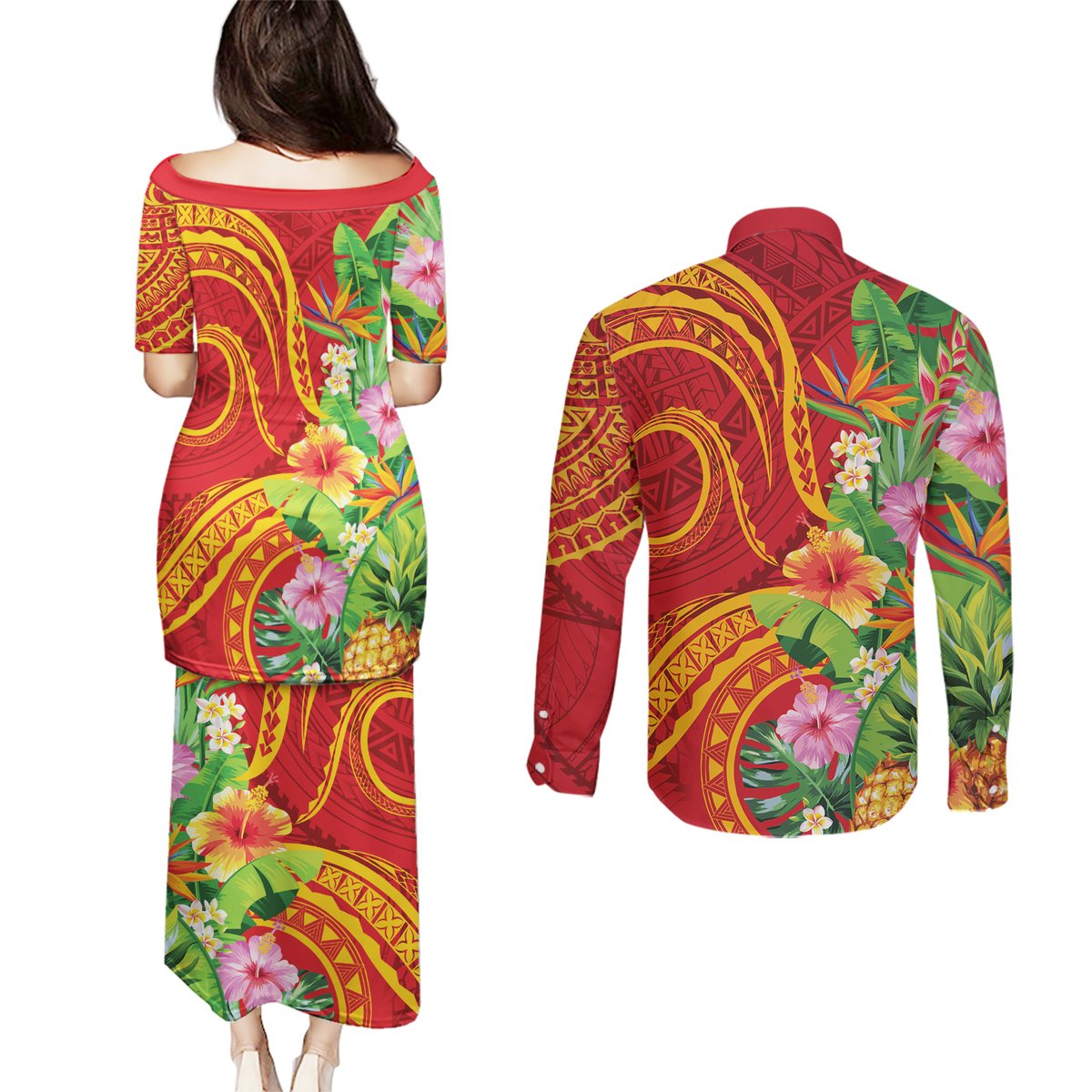 Polynesian Tribal Flower Tattoo Couples Matching Puletasi and Long Sleeve Button Shirt Special Vermilion Vibe
