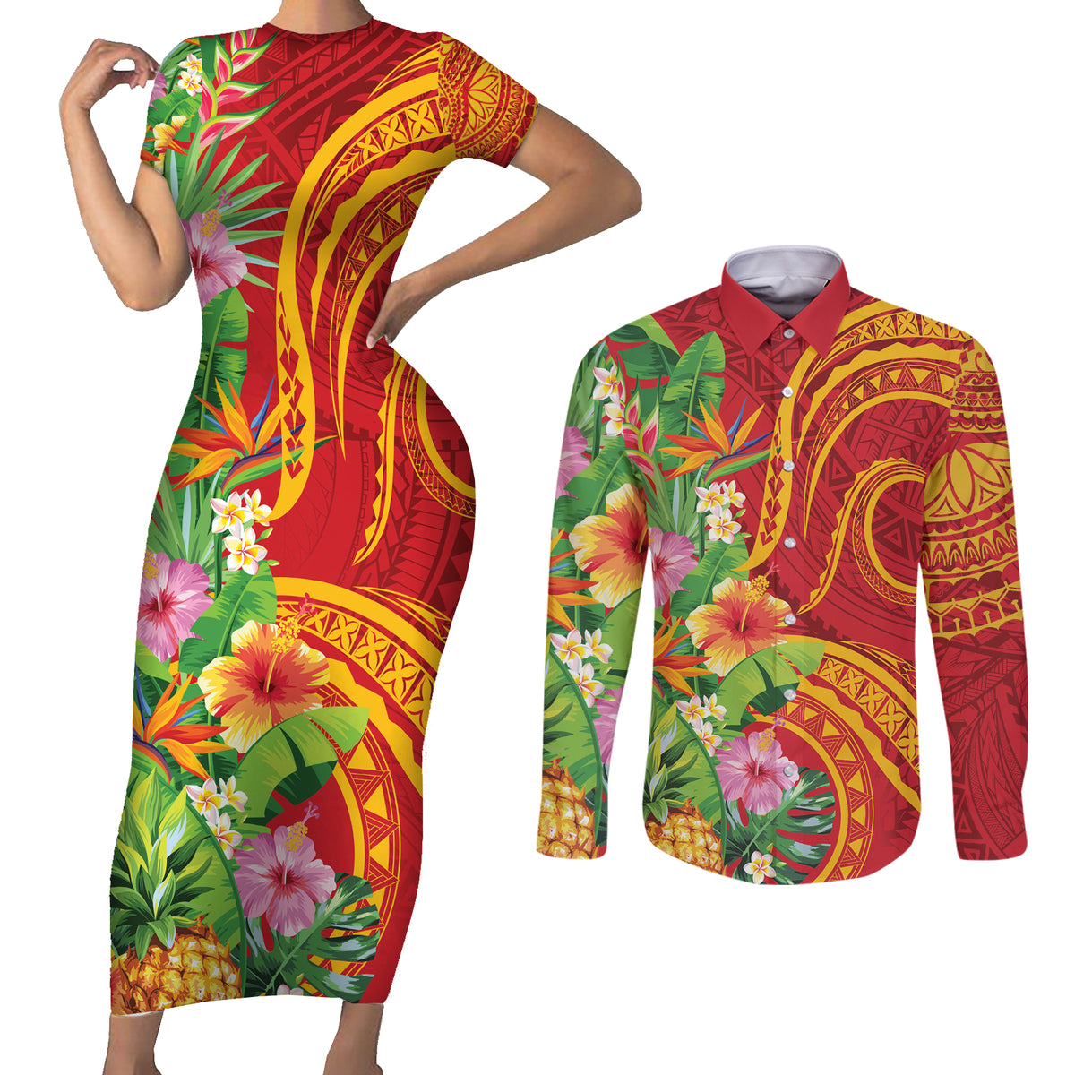 Polynesian Tribal Flower Tattoo Couples Matching Short Sleeve Bodycon Dress and Long Sleeve Button Shirt Special Vermilion Vibe LT9 Brownish-red - Polynesian Pride