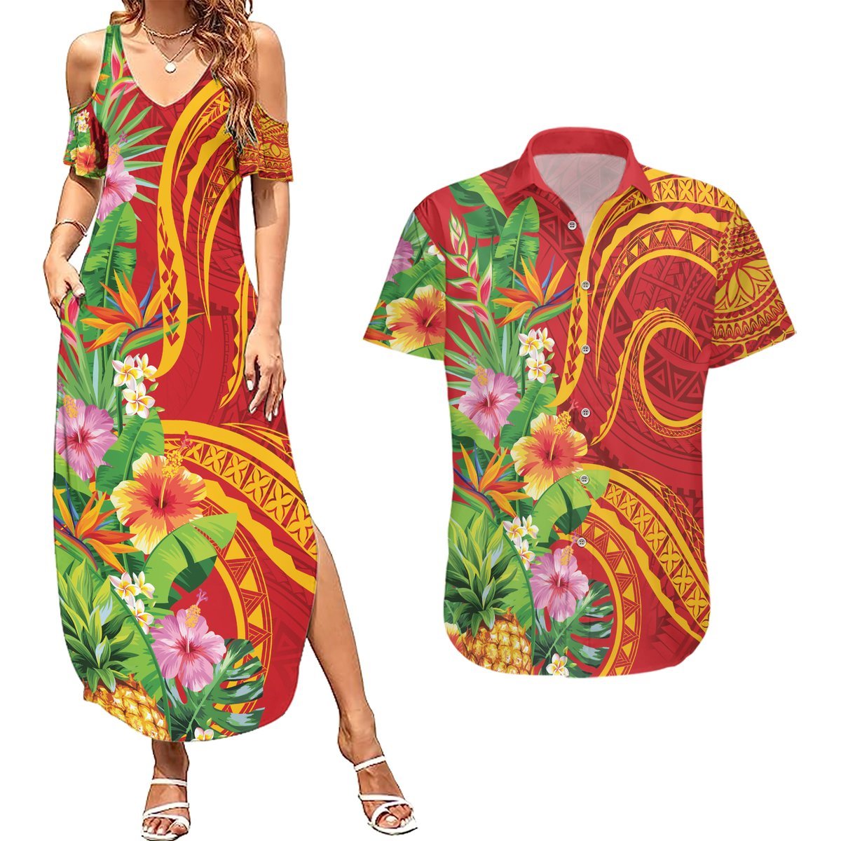 Polynesian Tribal Flower Tattoo Couples Matching Summer Maxi Dress and Hawaiian Shirt Special Vermilion Vibe LT9 Brownish-red - Polynesian Pride