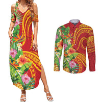Polynesian Tribal Flower Tattoo Couples Matching Summer Maxi Dress and Long Sleeve Button Shirt Special Vermilion Vibe