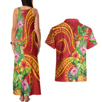 Polynesian Tribal Flower Tattoo Couples Matching Tank Maxi Dress and Hawaiian Shirt Special Vermilion Vibe LT9 - Polynesian Pride