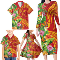 Polynesian Tribal Flower Tattoo Family Matching Long Sleeve Bodycon Dress and Hawaiian Shirt Special Vermilion Vibe LT9 - Polynesian Pride