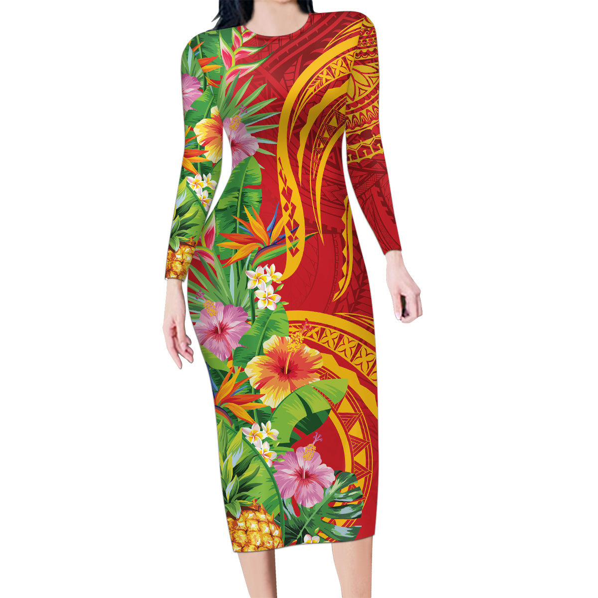 Polynesian Tribal Flower Tattoo Family Matching Long Sleeve Bodycon Dress and Hawaiian Shirt Special Vermilion Vibe LT9 Mom's Dress Brownish-red - Polynesian Pride