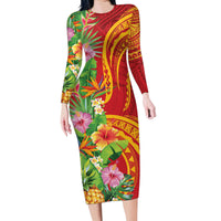 Polynesian Tribal Flower Tattoo Family Matching Long Sleeve Bodycon Dress and Hawaiian Shirt Special Vermilion Vibe LT9 Mom's Dress Brownish-red - Polynesian Pride