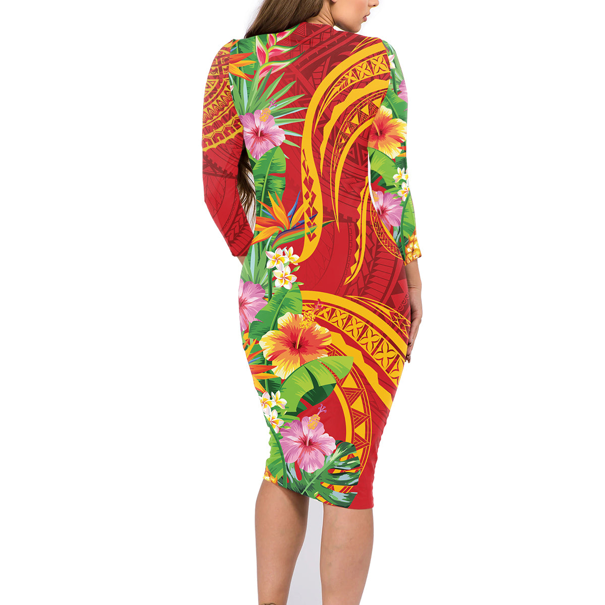 Polynesian Tribal Flower Tattoo Family Matching Long Sleeve Bodycon Dress and Hawaiian Shirt Special Vermilion Vibe LT9 - Polynesian Pride