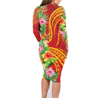 Polynesian Tribal Flower Tattoo Family Matching Long Sleeve Bodycon Dress and Hawaiian Shirt Special Vermilion Vibe LT9 - Polynesian Pride