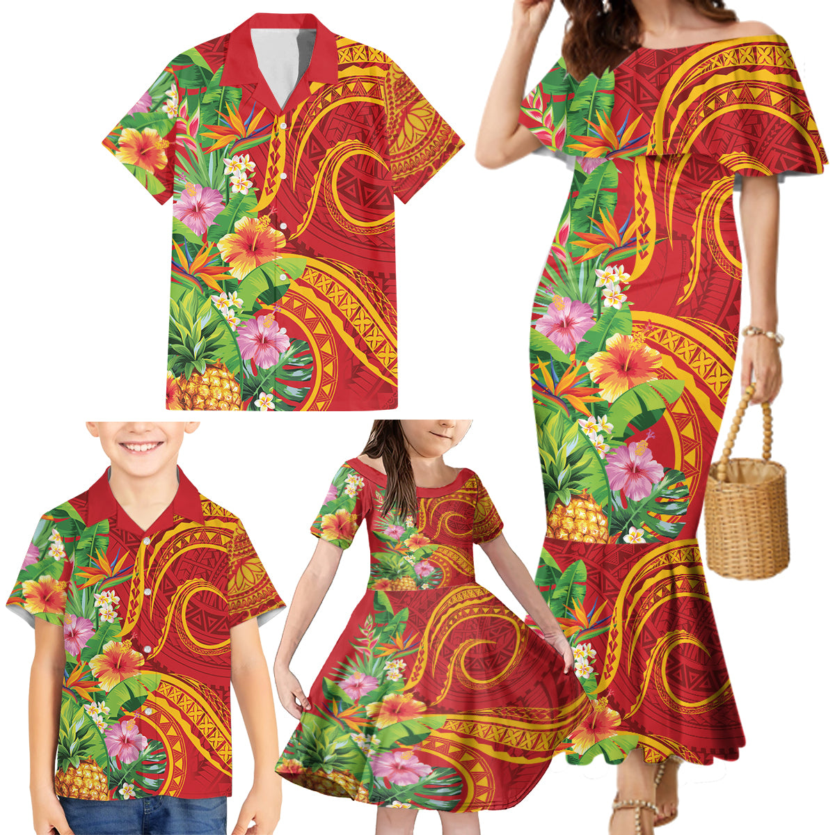 Polynesian Tribal Flower Tattoo Family Matching Mermaid Dress and Hawaiian Shirt Special Vermilion Vibe LT9 - Polynesian Pride
