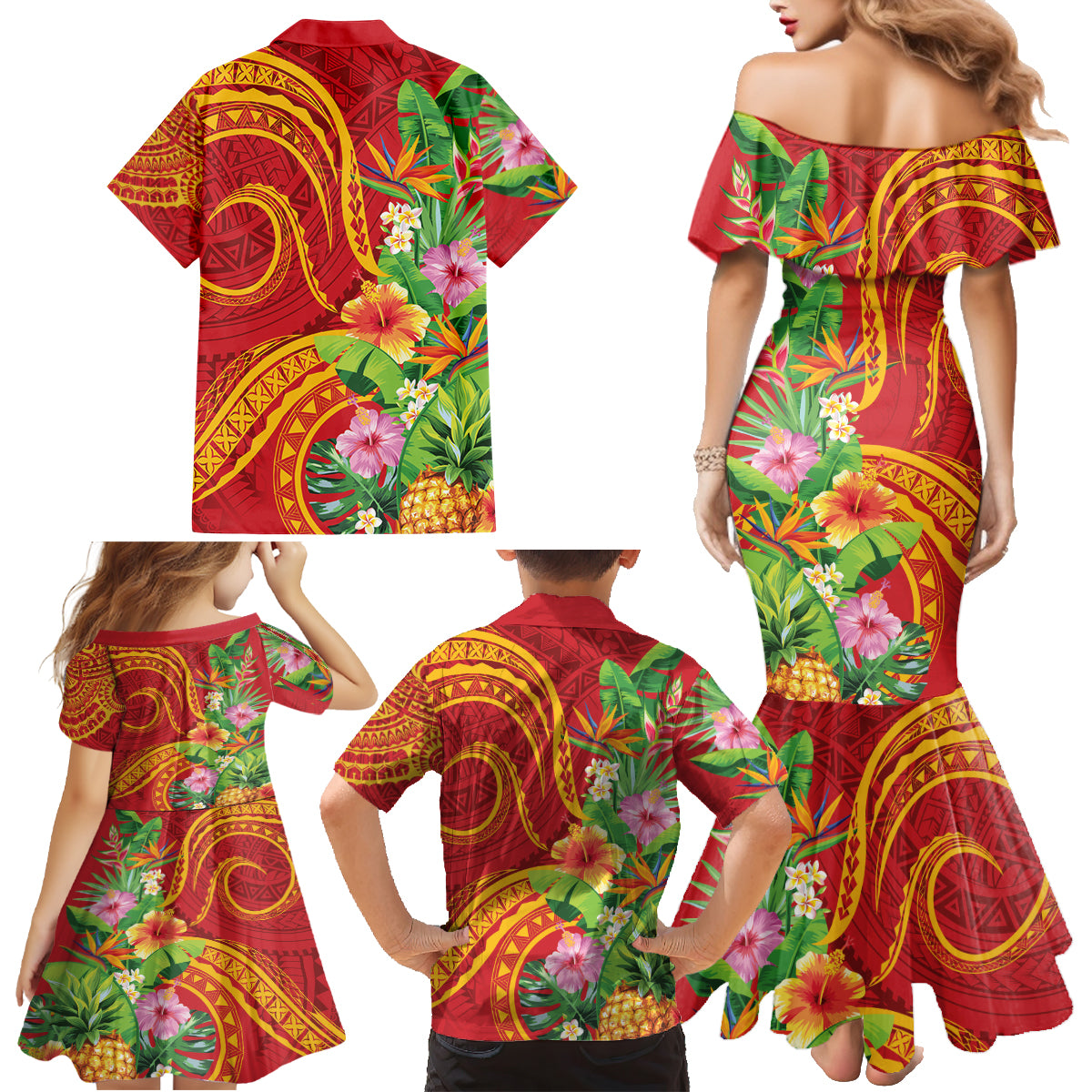 Polynesian Tribal Flower Tattoo Family Matching Mermaid Dress and Hawaiian Shirt Special Vermilion Vibe LT9 - Polynesian Pride