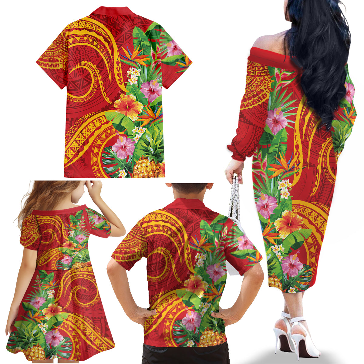Polynesian Tribal Flower Tattoo Family Matching Off The Shoulder Long Sleeve Dress and Hawaiian Shirt Special Vermilion Vibe LT9 - Polynesian Pride