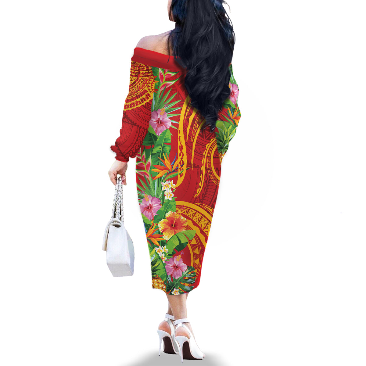 Polynesian Tribal Flower Tattoo Family Matching Off The Shoulder Long Sleeve Dress and Hawaiian Shirt Special Vermilion Vibe LT9 - Polynesian Pride