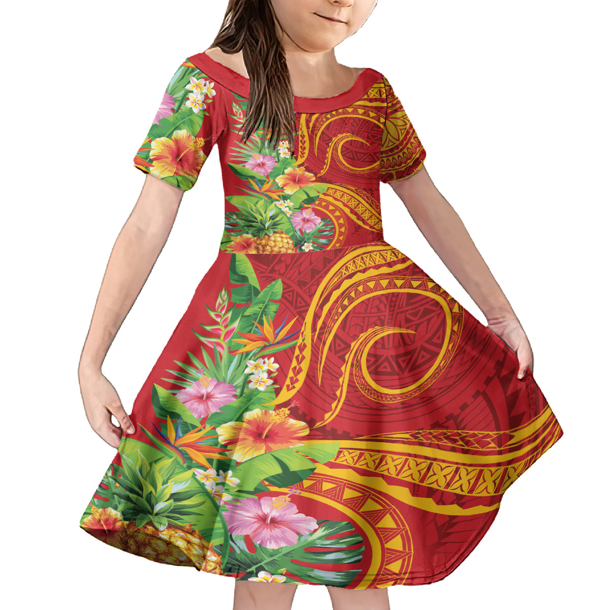 Polynesian Tribal Flower Tattoo Family Matching Off Shoulder Maxi Dress and Hawaiian Shirt Special Vermilion Vibe LT9 Daughter's Dress Brownish-red - Polynesian Pride