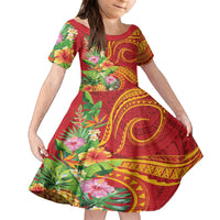 Polynesian Tribal Flower Tattoo Family Matching Off Shoulder Maxi Dress and Hawaiian Shirt Special Vermilion Vibe LT9 Daughter's Dress Brownish-red - Polynesian Pride