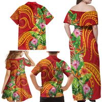 Polynesian Tribal Flower Tattoo Family Matching Off Shoulder Maxi Dress and Hawaiian Shirt Special Vermilion Vibe LT9 - Polynesian Pride