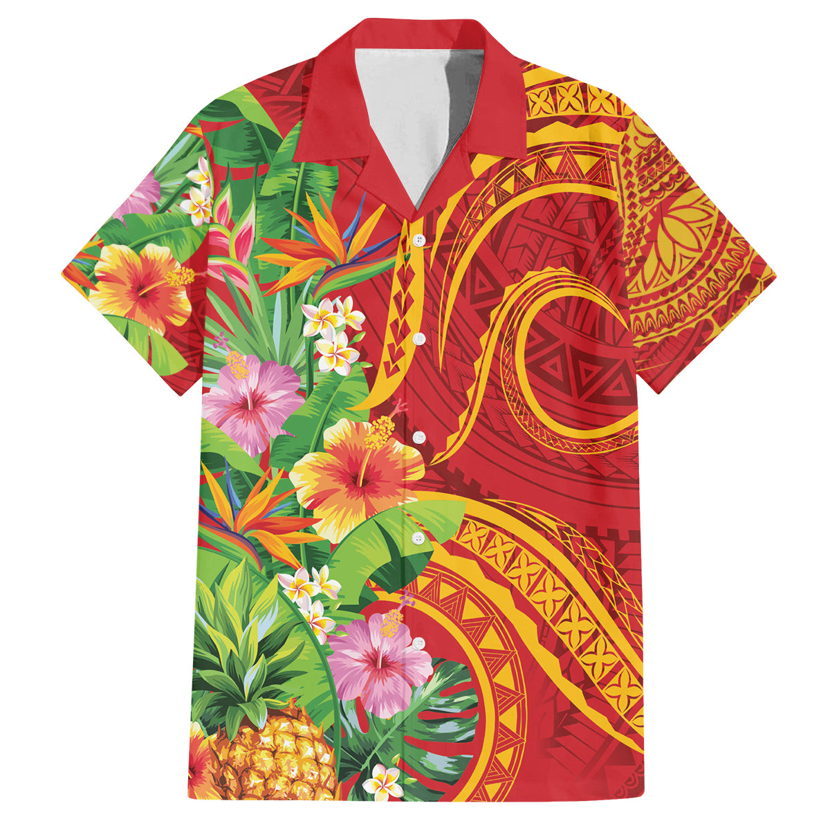 Polynesian Tribal Flower Tattoo Family Matching Off Shoulder Maxi Dress and Hawaiian Shirt Special Vermilion Vibe LT9 Dad's Shirt - Short Sleeve Brownish-red - Polynesian Pride