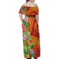 Polynesian Tribal Flower Tattoo Family Matching Off Shoulder Maxi Dress and Hawaiian Shirt Special Vermilion Vibe LT9 - Polynesian Pride