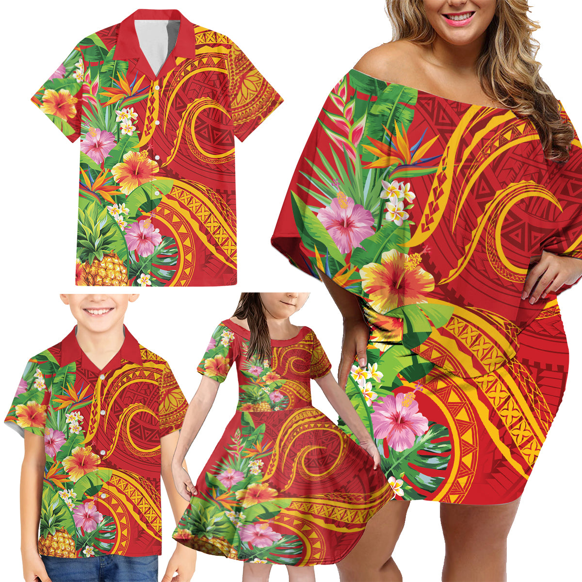 Polynesian Tribal Flower Tattoo Family Matching Off Shoulder Short Dress and Hawaiian Shirt Special Vermilion Vibe LT9 - Polynesian Pride