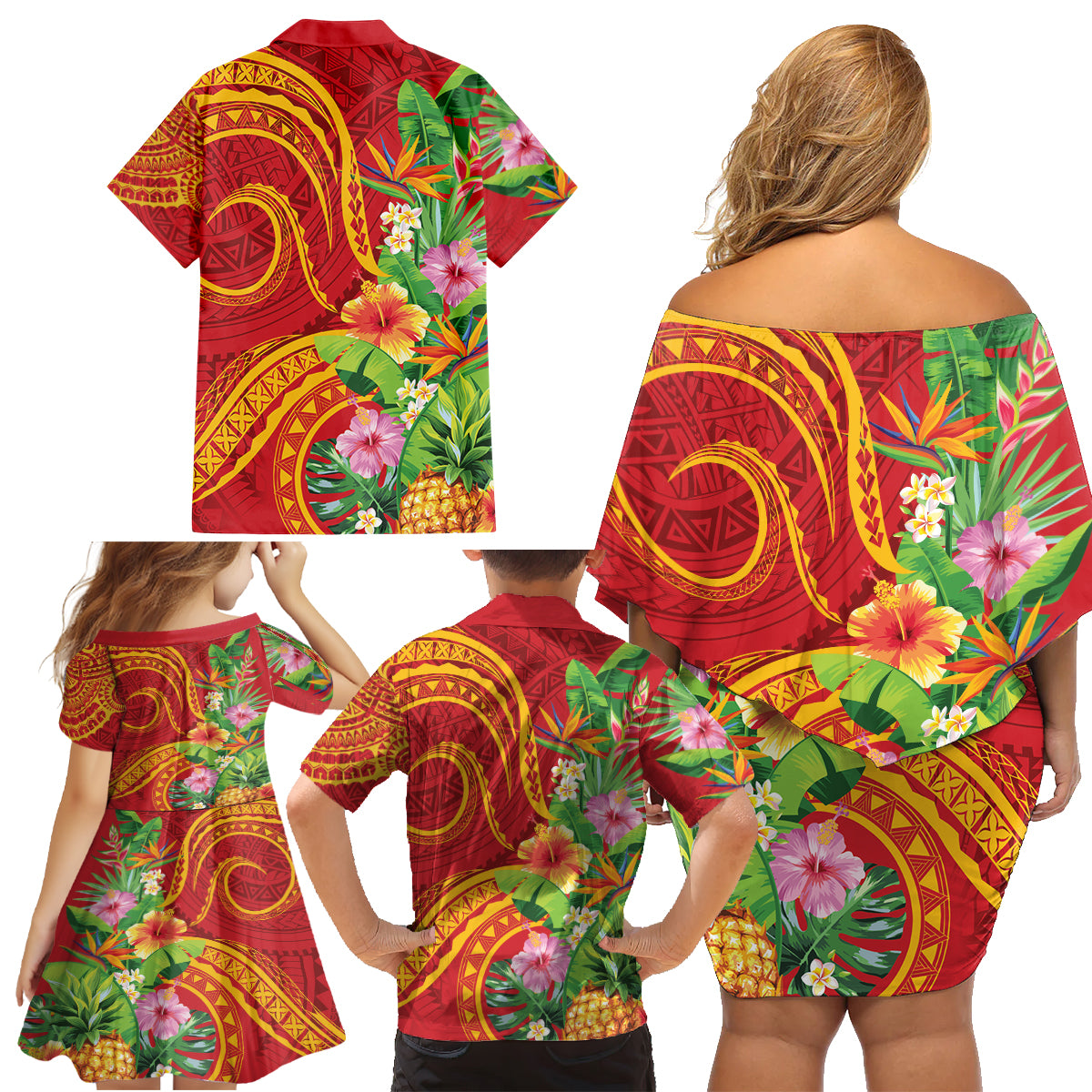 Polynesian Tribal Flower Tattoo Family Matching Off Shoulder Short Dress and Hawaiian Shirt Special Vermilion Vibe LT9 - Polynesian Pride