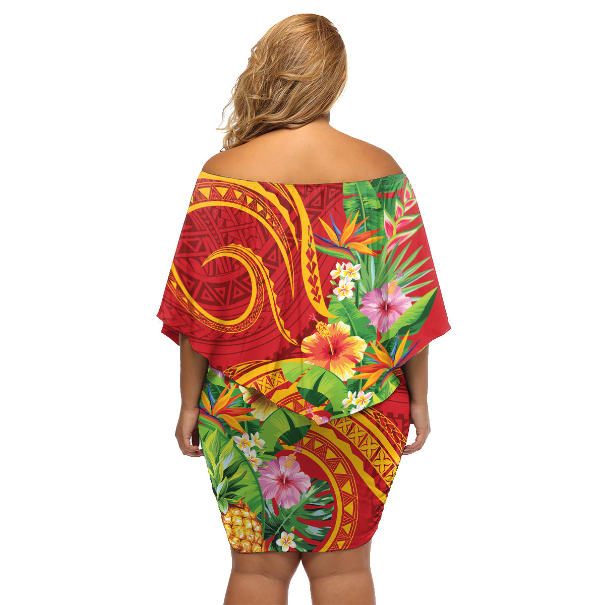 Polynesian Tribal Flower Tattoo Family Matching Off Shoulder Short Dress and Hawaiian Shirt Special Vermilion Vibe LT9 - Polynesian Pride