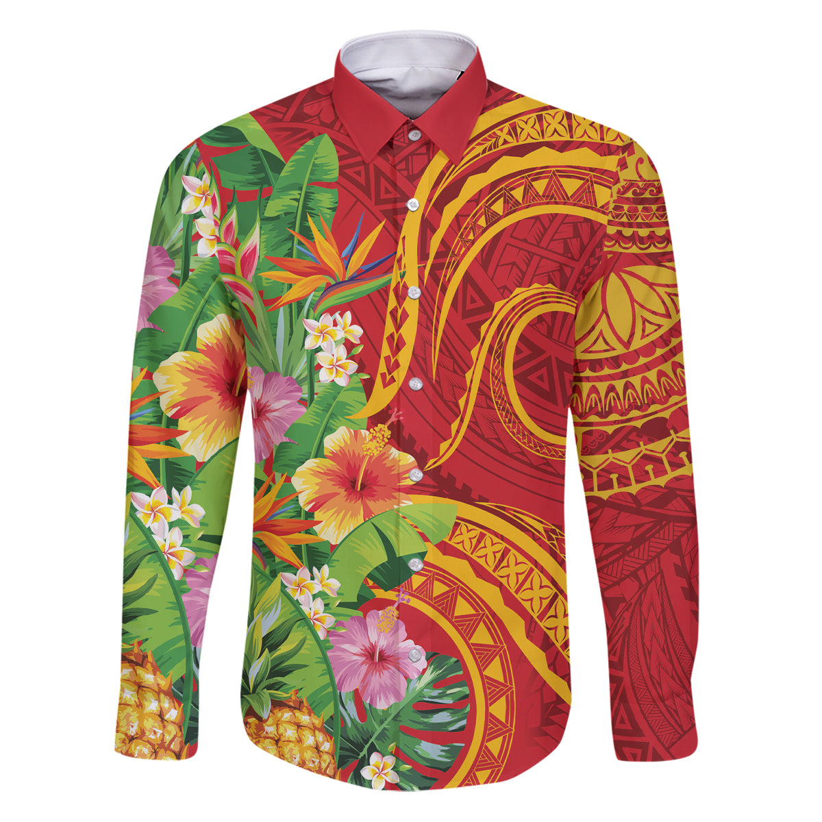 Polynesian Tribal Flower Tattoo Family Matching Puletasi and Hawaiian Shirt Special Vermilion Vibe LT9 Dad's Shirt - Long Sleeve Brownish-red - Polynesian Pride