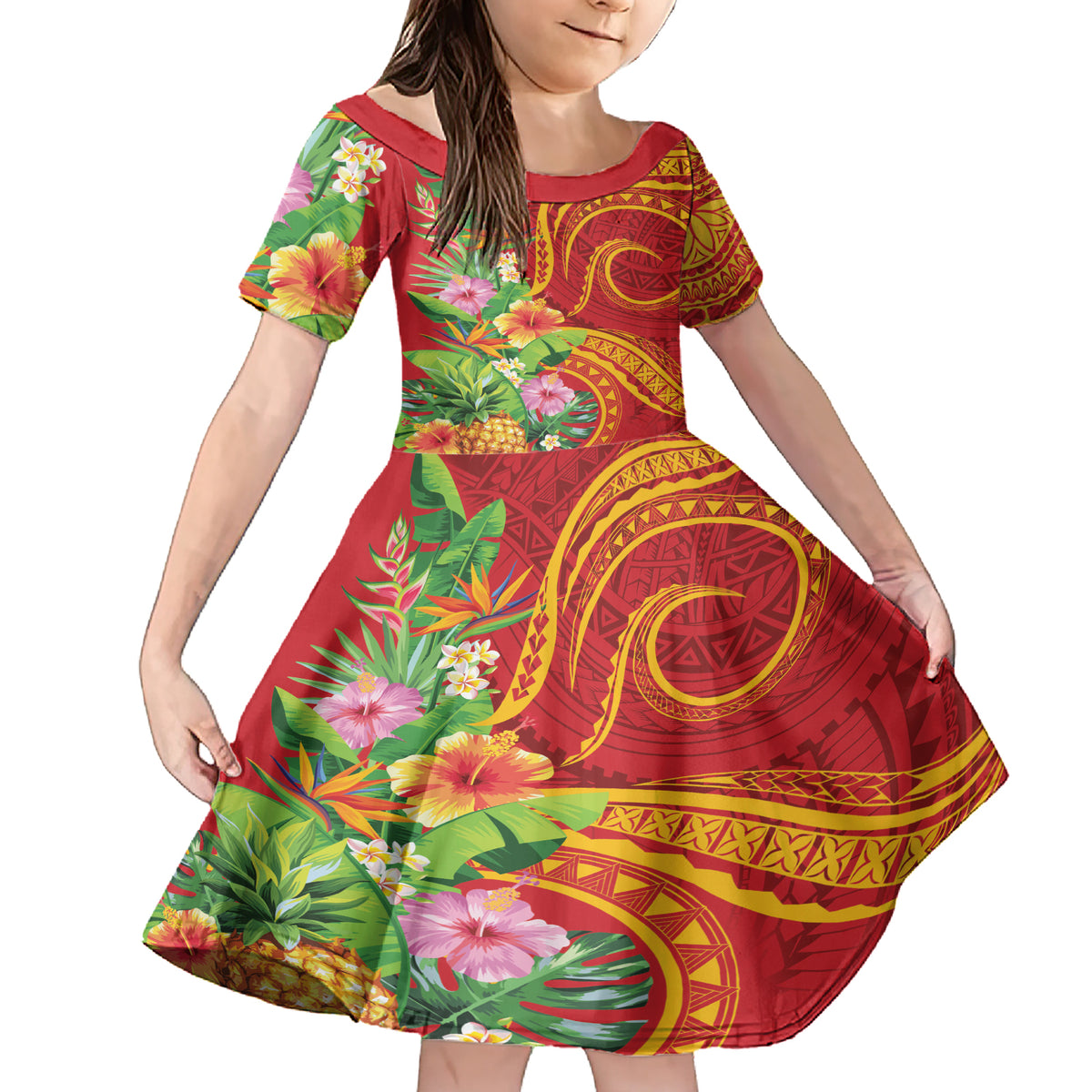 Polynesian Tribal Flower Tattoo Family Matching Short Sleeve Bodycon Dress and Hawaiian Shirt Special Vermilion Vibe LT9 Daughter's Dress Brownish-red - Polynesian Pride