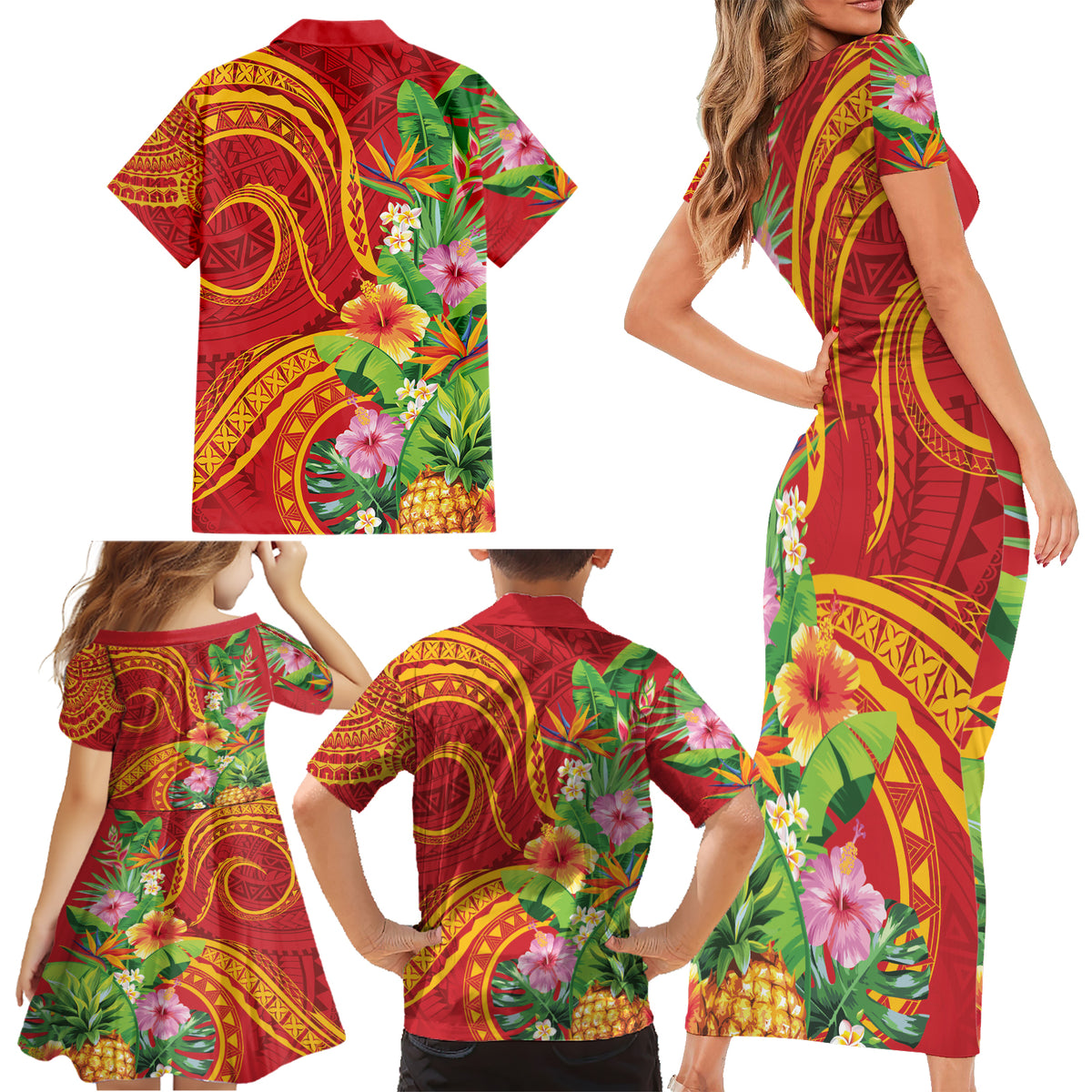 Polynesian Tribal Flower Tattoo Family Matching Short Sleeve Bodycon Dress and Hawaiian Shirt Special Vermilion Vibe LT9 - Polynesian Pride
