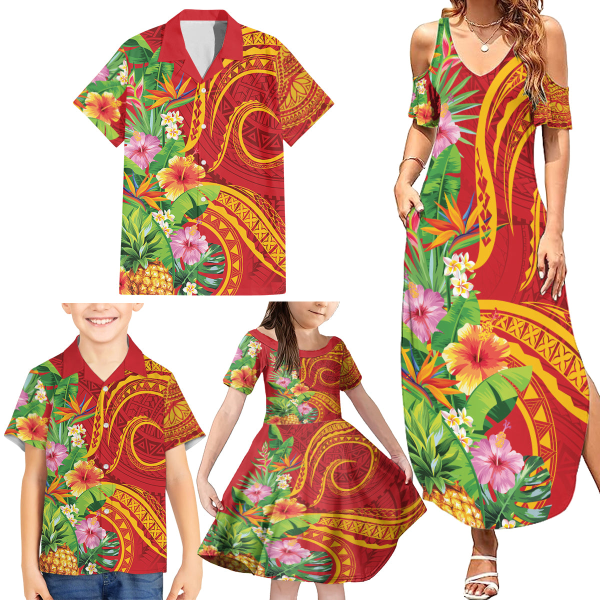 Polynesian Tribal Flower Tattoo Family Matching Summer Maxi Dress and Hawaiian Shirt Special Vermilion Vibe LT9 - Polynesian Pride