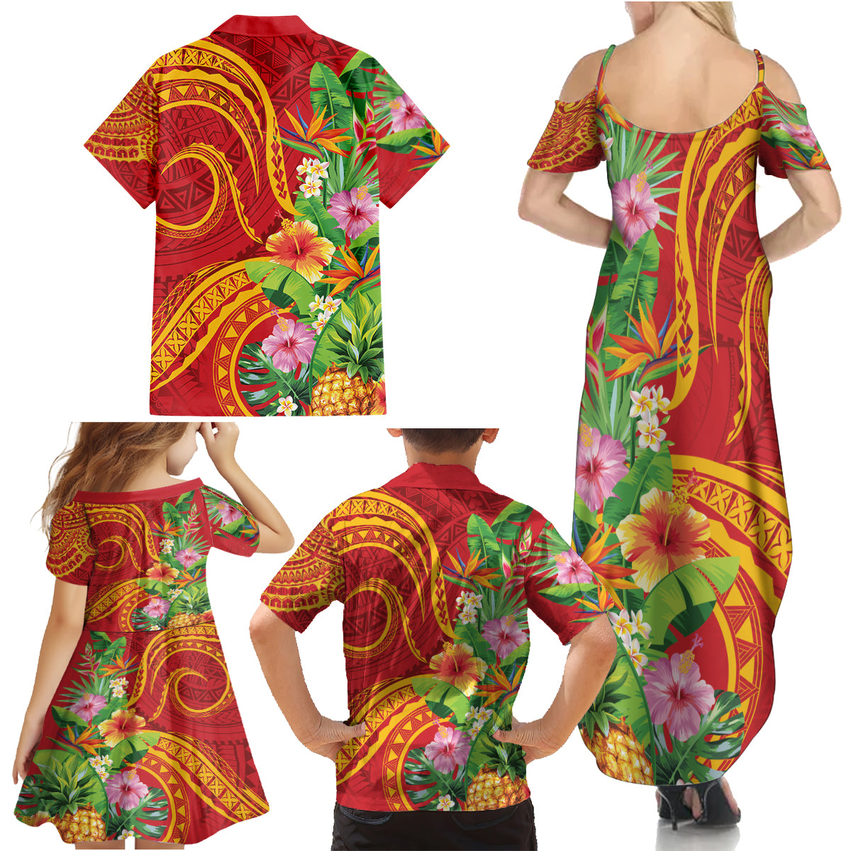 Polynesian Tribal Flower Tattoo Family Matching Summer Maxi Dress and Hawaiian Shirt Special Vermilion Vibe LT9 - Polynesian Pride