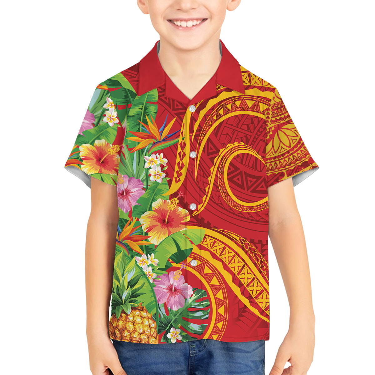 Polynesian Tribal Flower Tattoo Family Matching Summer Maxi Dress and Hawaiian Shirt Special Vermilion Vibe LT9 Son's Shirt Brownish-red - Polynesian Pride