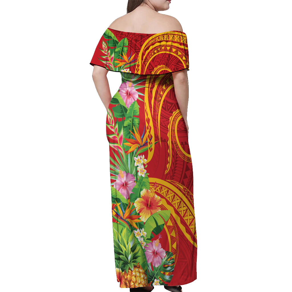 Polynesian Tribal Flower Tattoo Off Shoulder Maxi Dress Special Vermilion Vibe