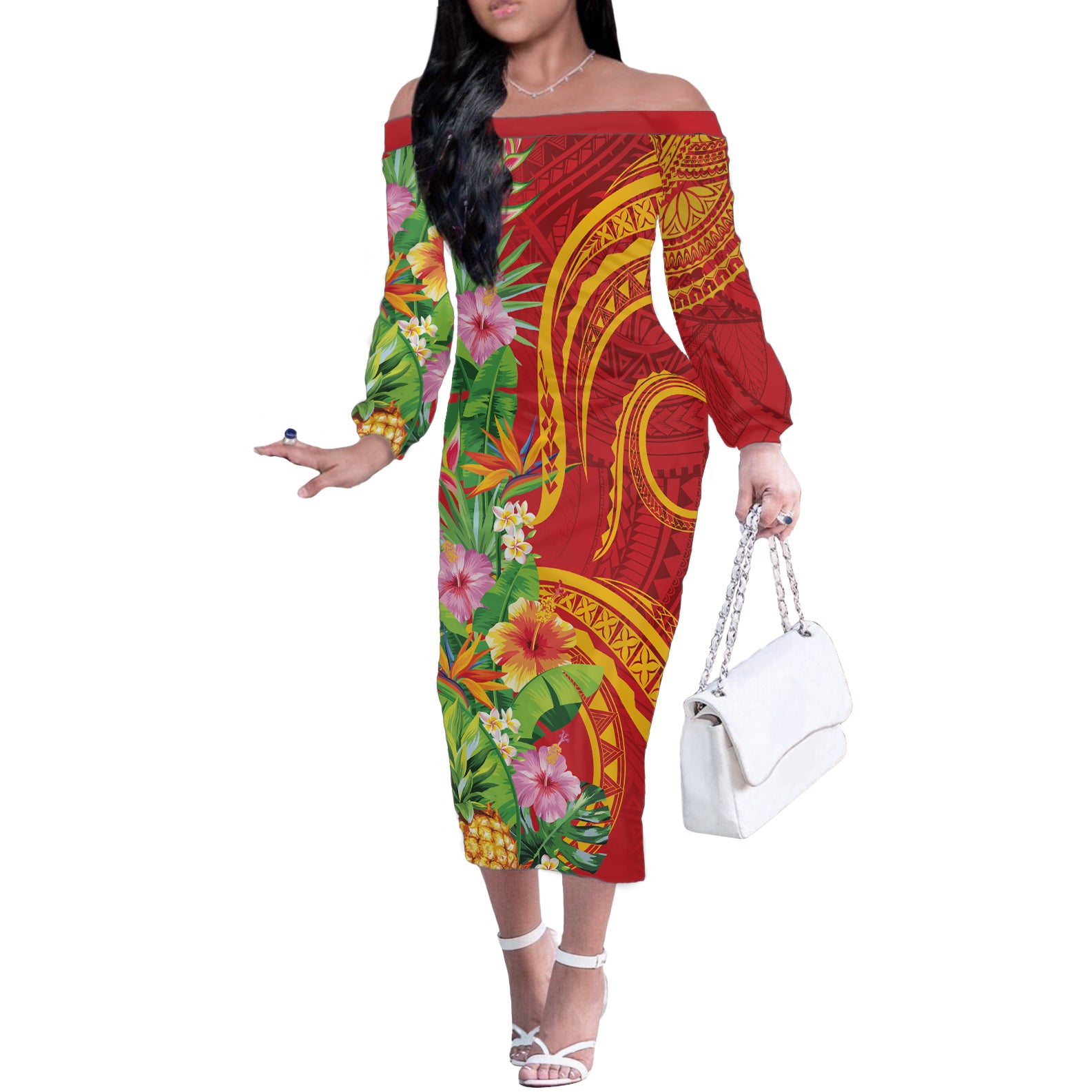 Polynesian Tribal Flower Tattoo Off The Shoulder Long Sleeve Dress Special Vermilion Vibe LT9 Women Brownish-red - Polynesian Pride