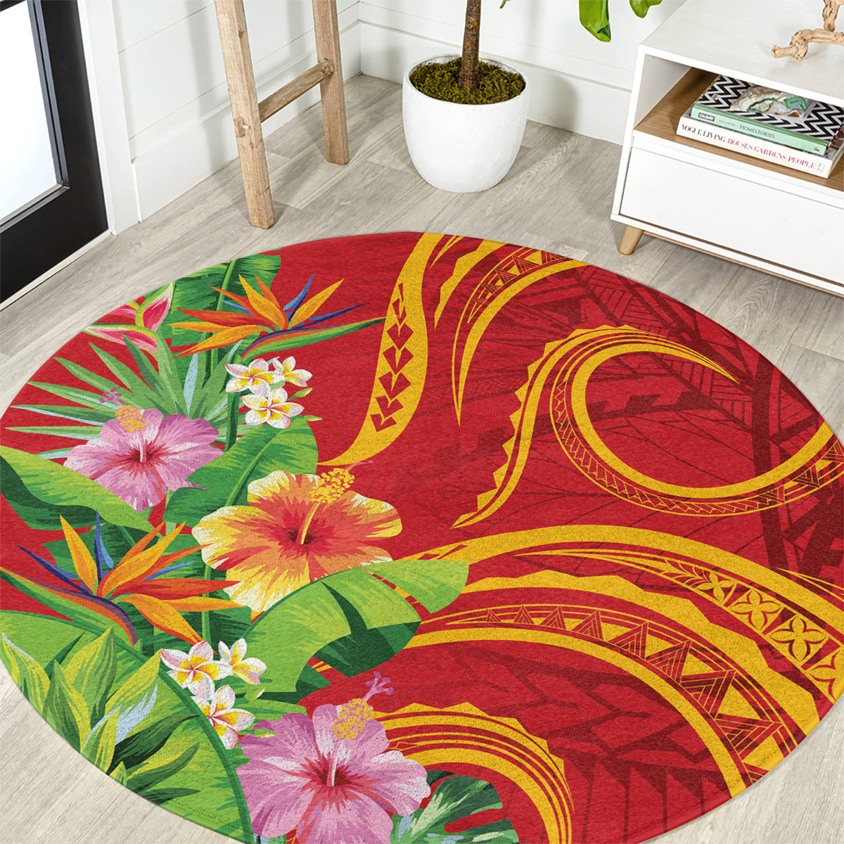 Polynesian Tribal Flower Tattoo Round Carpet Special Vermilion Vibe LT9 Brownish-red - Polynesian Pride