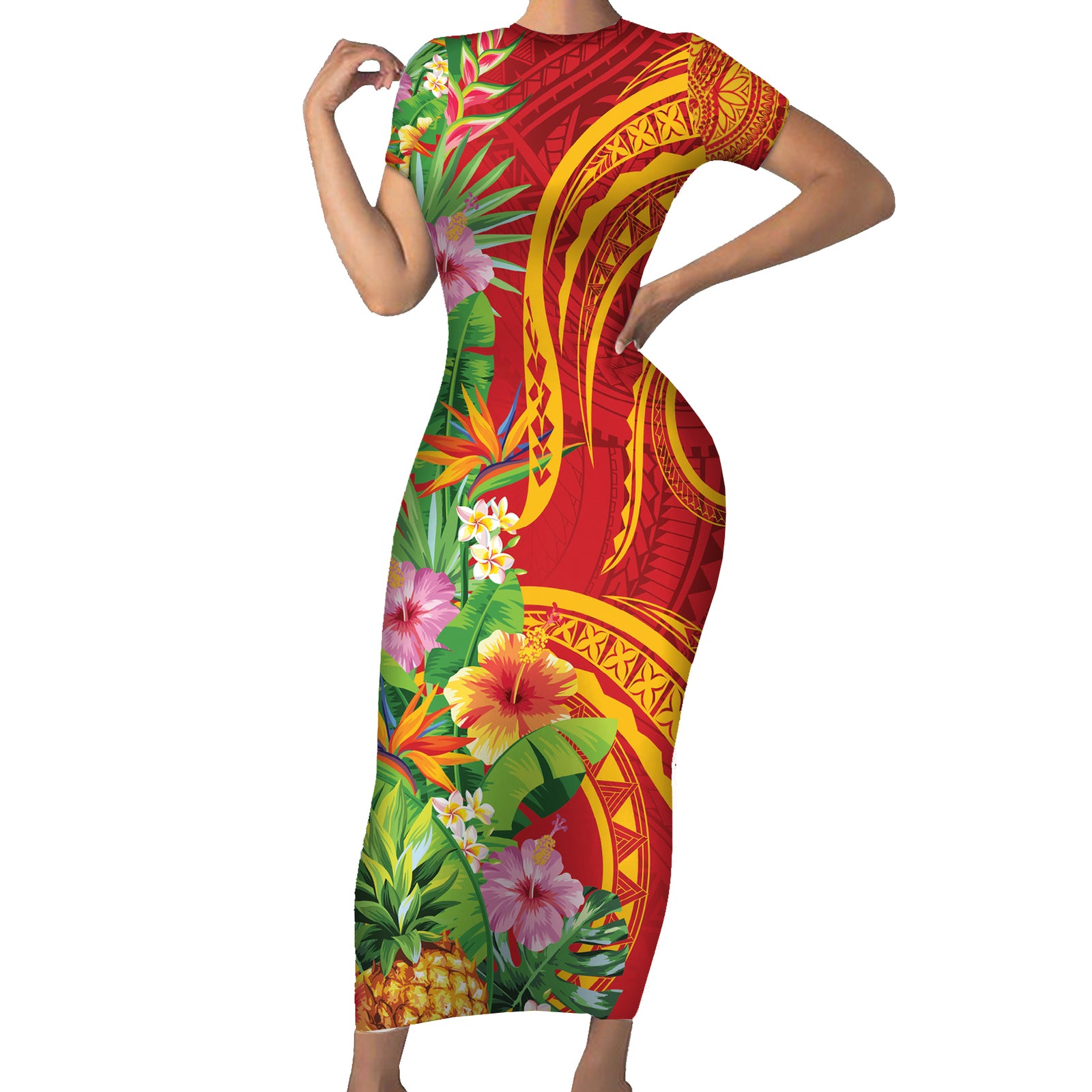 Polynesian Tribal Flower Tattoo Short Sleeve Bodycon Dress Special Vermilion Vibe LT9 Long Dress Brownish-red - Polynesian Pride