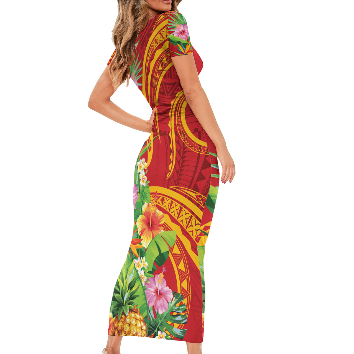 Polynesian Tribal Flower Tattoo Short Sleeve Bodycon Dress Special Vermilion Vibe LT9 - Polynesian Pride