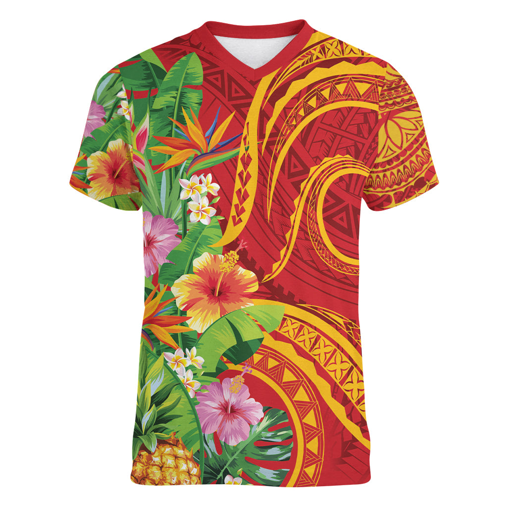 Polynesian Tribal Flower Tattoo Women V Neck T Shirt Special Vermilion Vibe