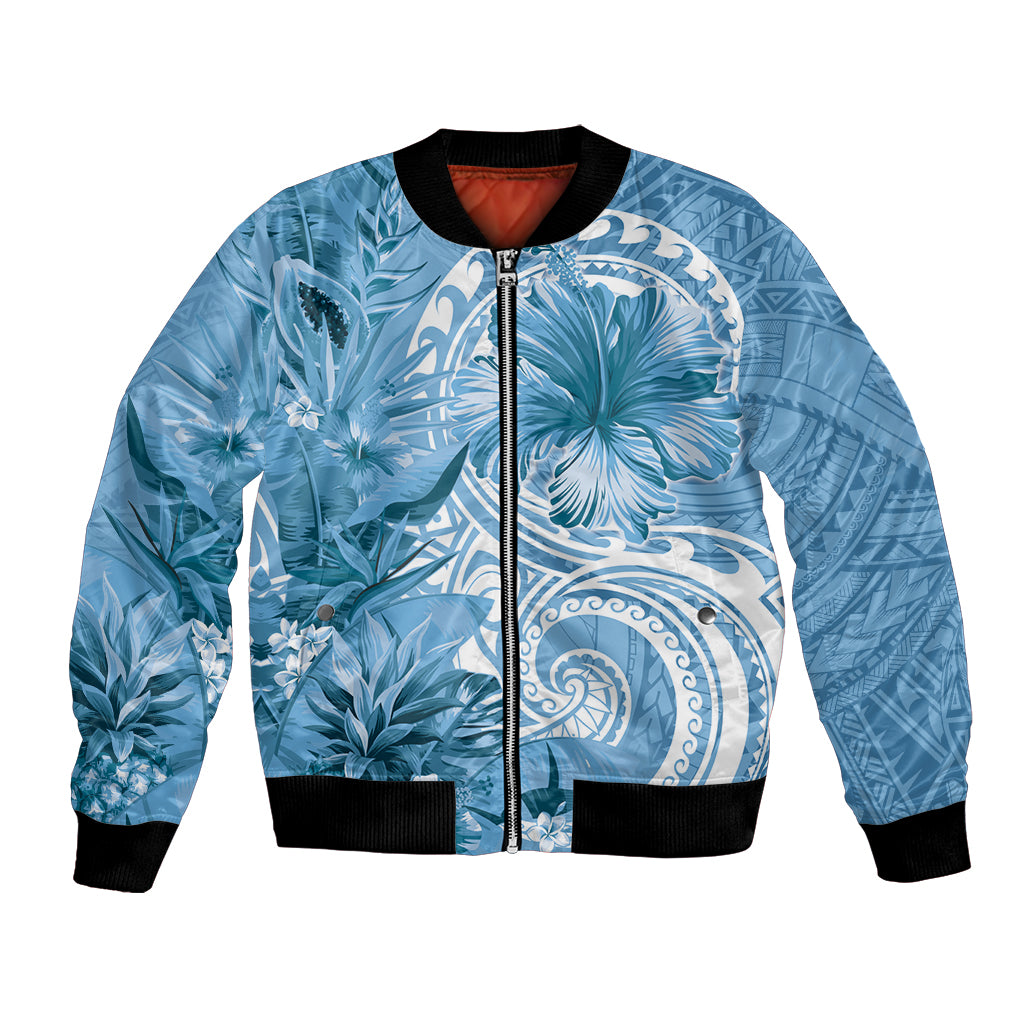 Polynesian Hibiscus Flower Tribal Bomber Jacket Blue Color LT9 Unisex Blue - Polynesian Pride