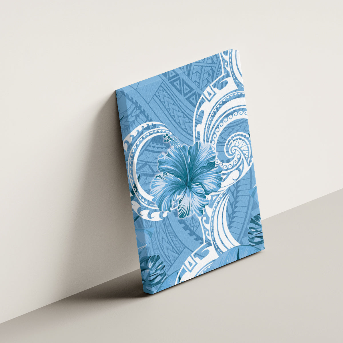 Polynesian Hibiscus Flower Tribal Canvas Wall Art Blue Color
