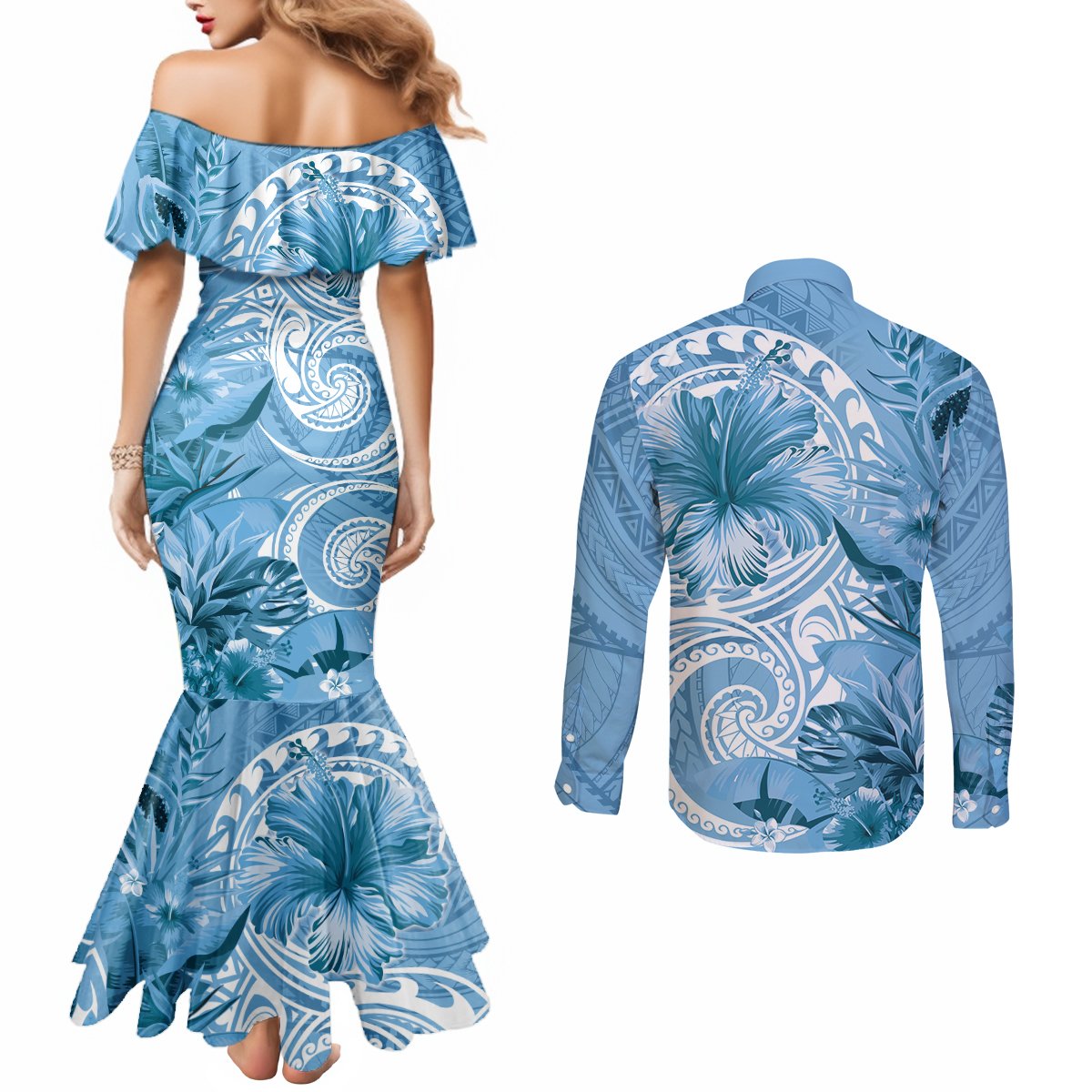Polynesian Hibiscus Flower Tribal Couples Matching Mermaid Dress and Long Sleeve Button Shirt Blue Color