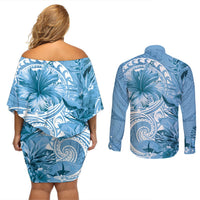 Polynesian Hibiscus Flower Tribal Couples Matching Off Shoulder Short Dress and Long Sleeve Button Shirt Blue Color